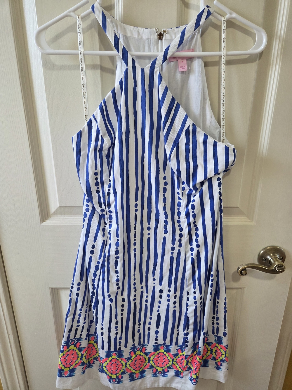Lilly Pulitzer White Dress with Blue Stripe Print and Neon Floral Hem
